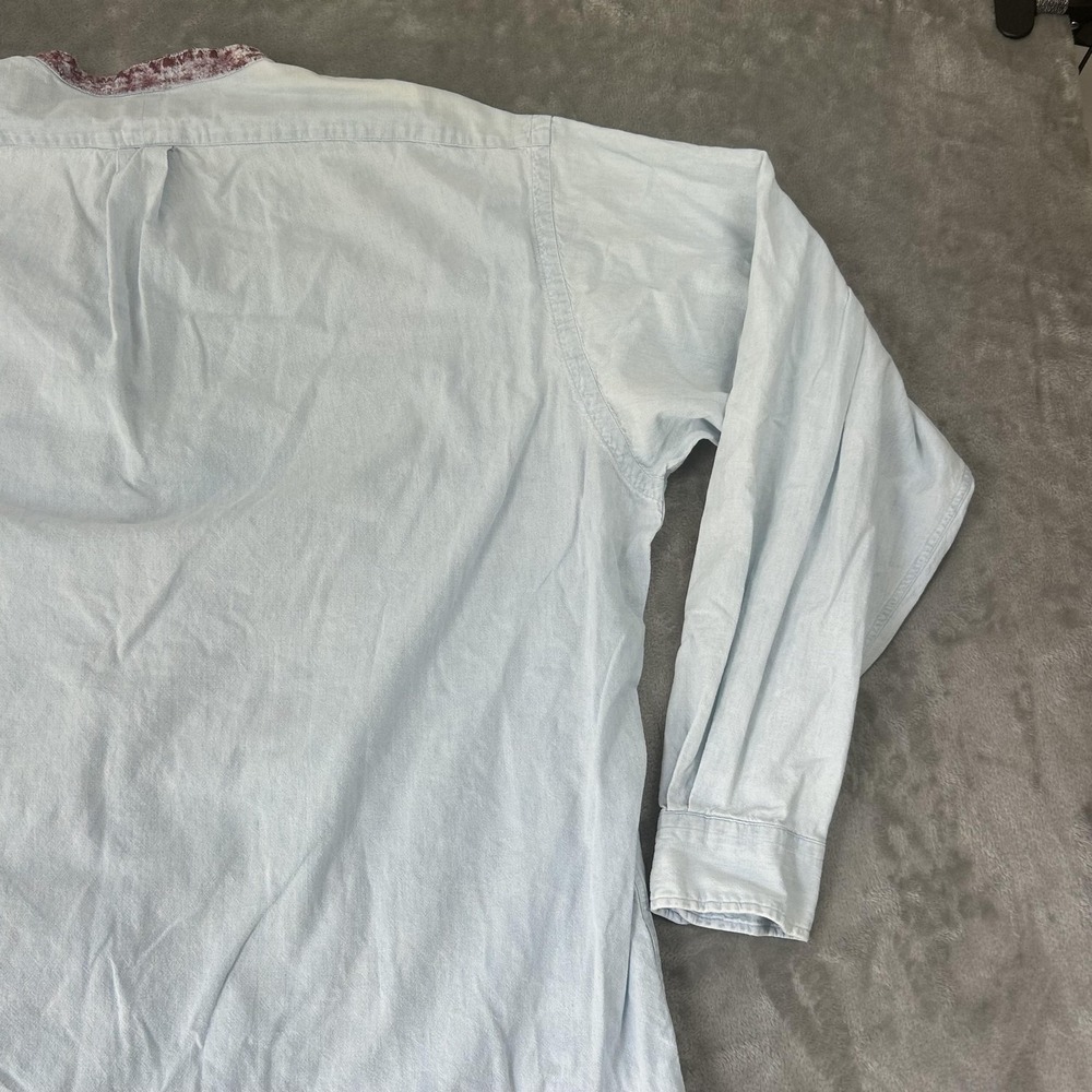 Polo Ralph Lauren Shirt Mens Large Blue Chambray Lizard Pocket Band Collar - Picture 14 of 16